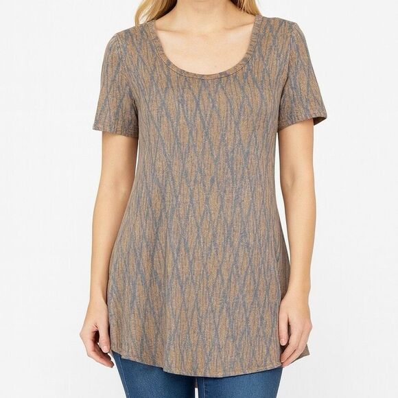 LuLaRoe Perfect Tee XXS – Tan Ikat Print, Short Sleeve, Flowy Tunic - Picture 2 of 6
